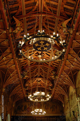 Chandeliers hanging from the celing inside Cardiff Castle  Wales