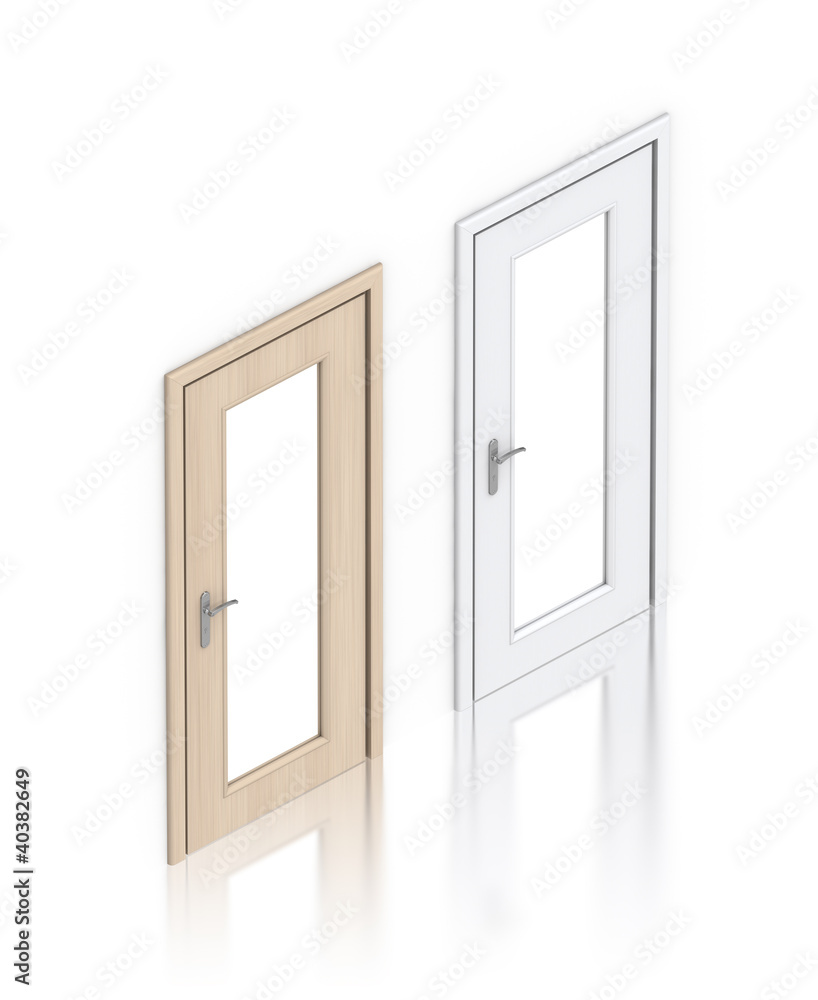 Wooden light and white painted doors with windows. Wooden light and white painted doors with windows.