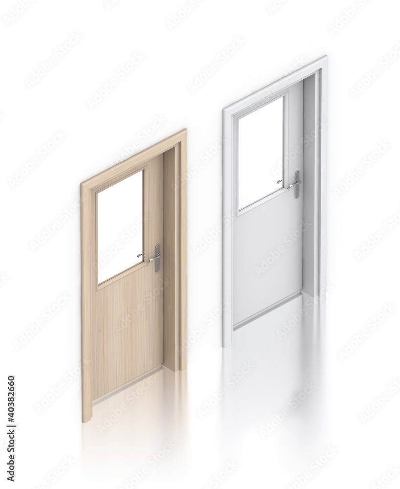 Wooden light and white painted doors with windows. Wooden light and white painted doors with windows.