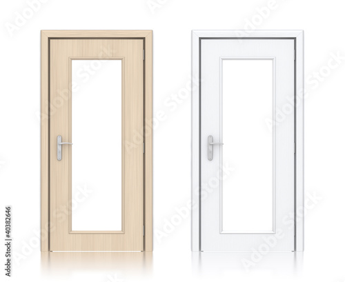 Wooden light and white painted doors with windows.