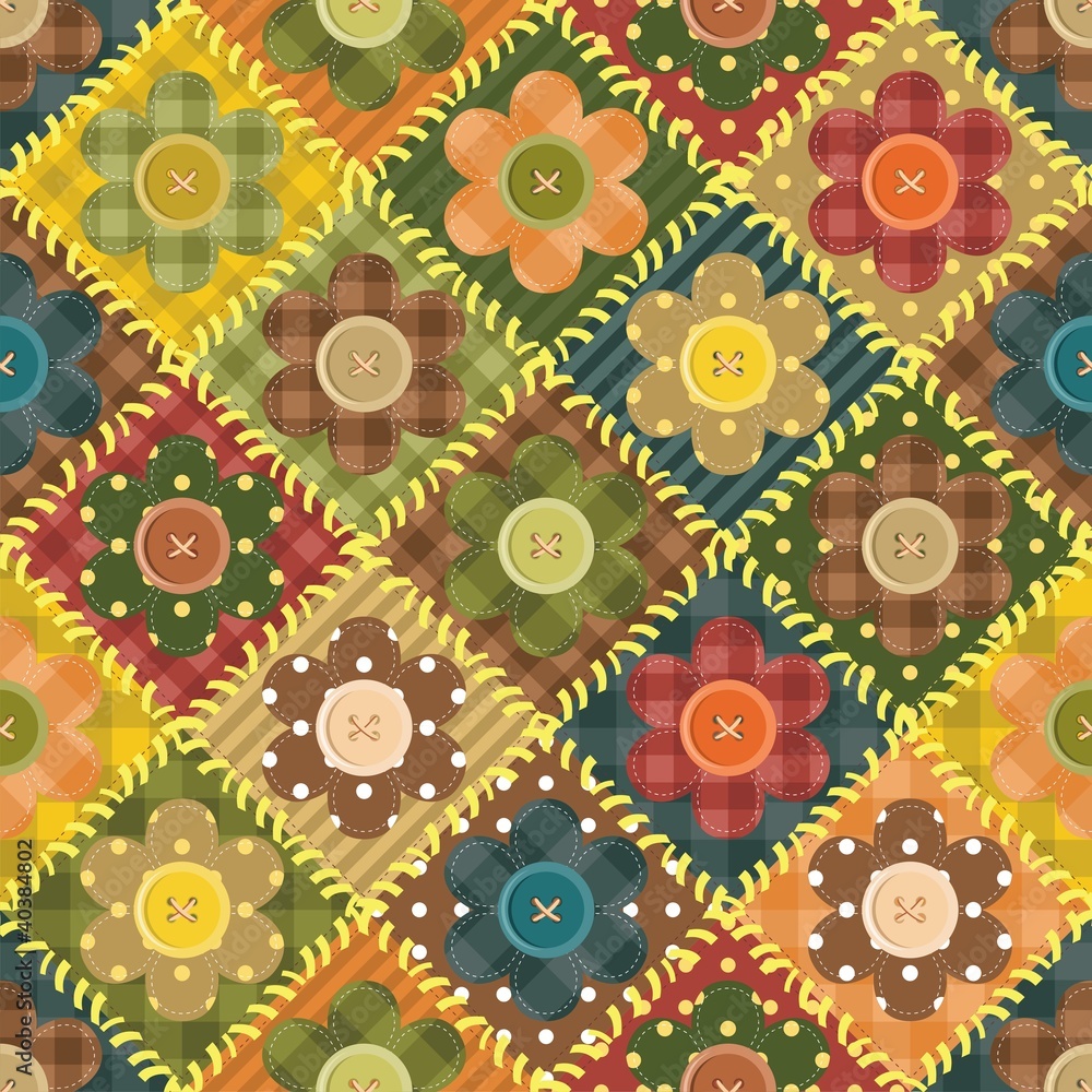 patchwork background with flowers and buttons