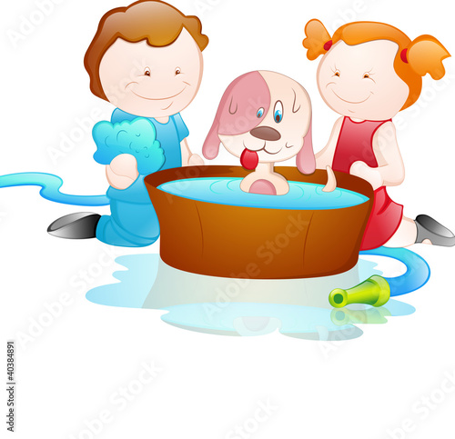 Cartoon Kids Bathing Dog