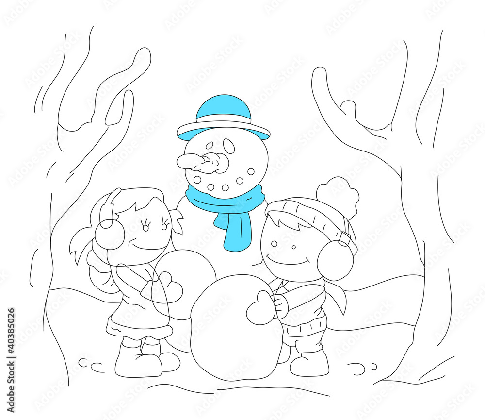 Art of Cartoon Kids with Snowman Art of Cartoon Kids with Snowman