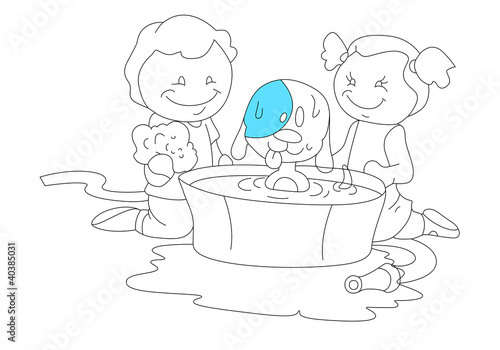 Sketch of Kids Playing with Dog