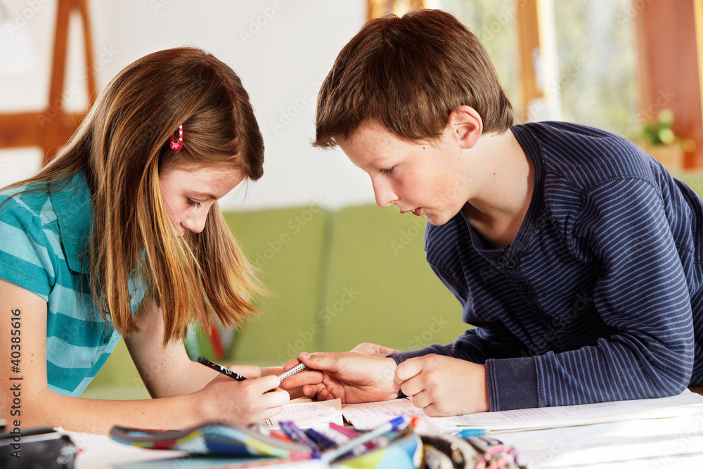boy and girl talking about  their homework