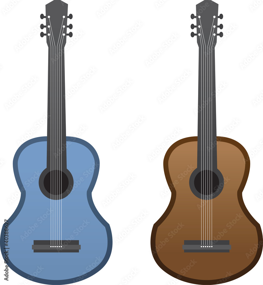 Fototapeta premium Two isolated guitars. One blue and one brown.