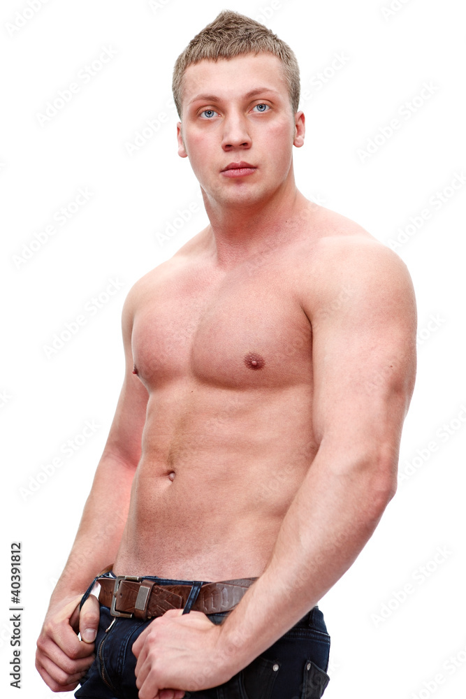 Fototapeta premium One handsome muscular man with naked torso isolated on white