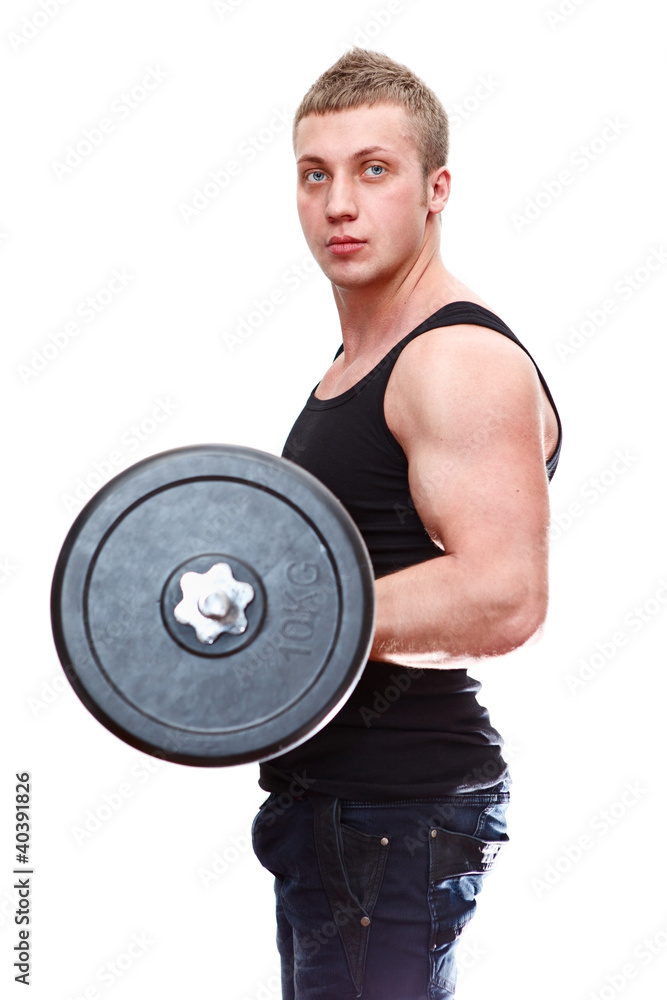 One handsome muscleman in with barbell in hands on white One handsome muscleman in with barbell in hands on white