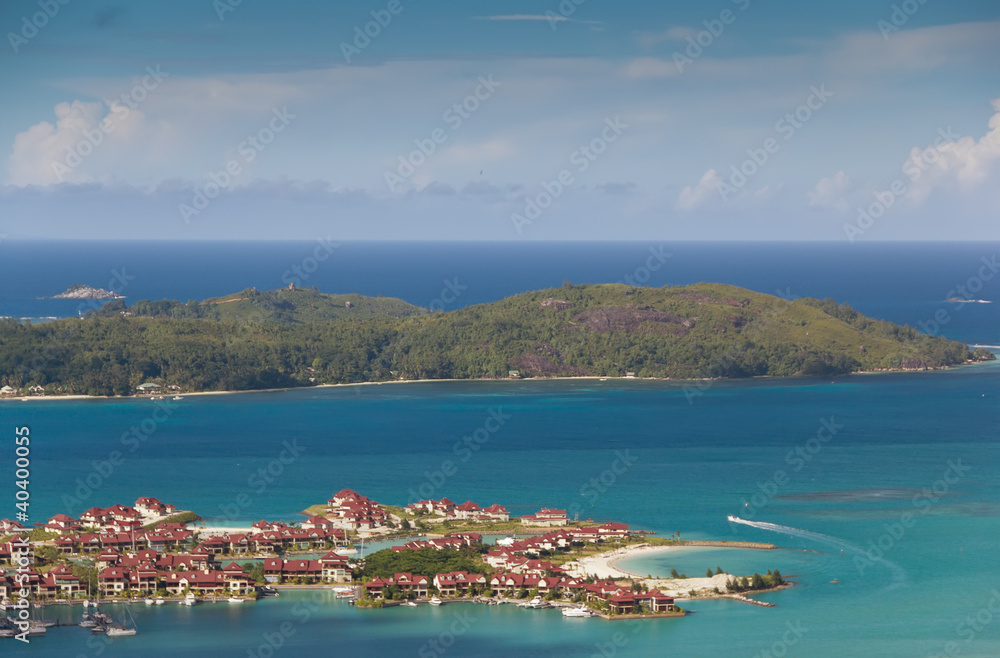 Aerial view on the coastline of the Seychelles Islands and luxur