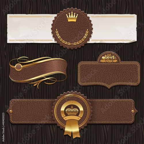 Vector set of leather & golden framed labels