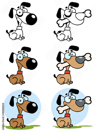 Dog With Big Bone Different Color. Vector Collection