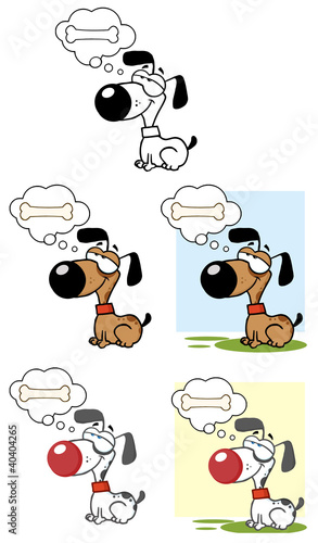 Cute Dog Dreaming About A Bone. Vector Collection