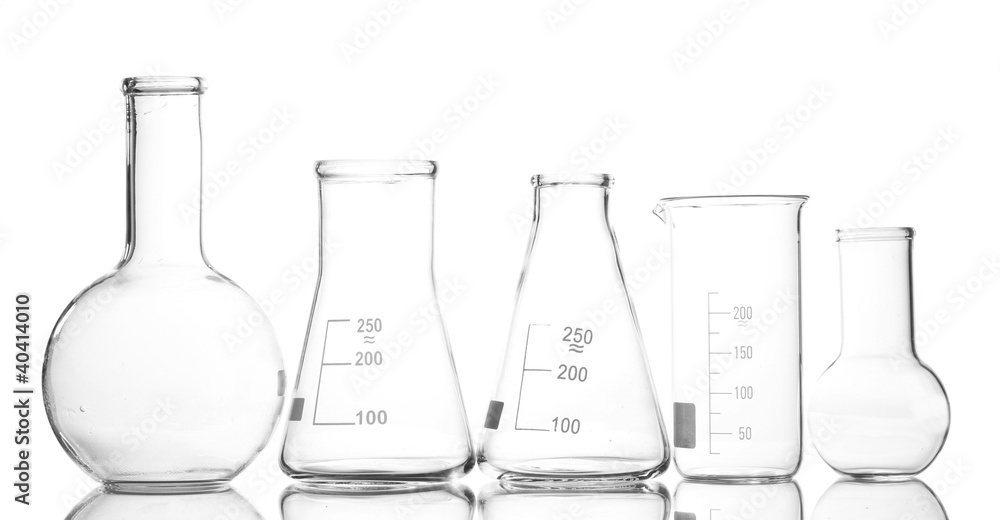 Empty laboratory glassware with reflection isolated on white Empty laboratory glassware with reflection isolated on white