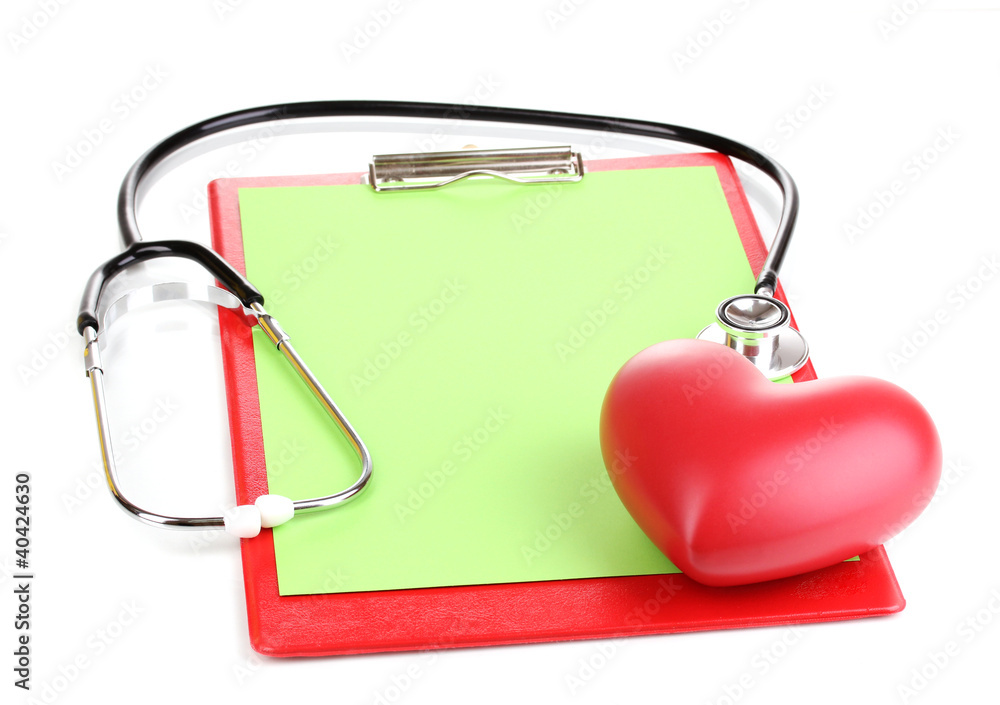 Stethoscope, heart and blank clipboard isolated on white Stethoscope, heart and blank clipboard isolated on white