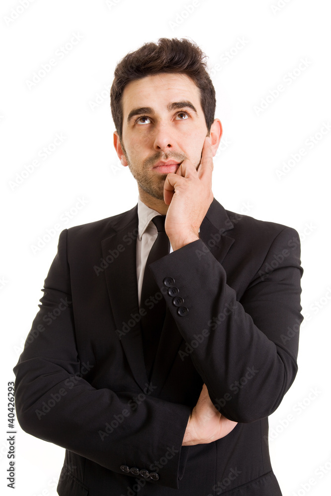 thinking young business man in white background thinking young business man in white background