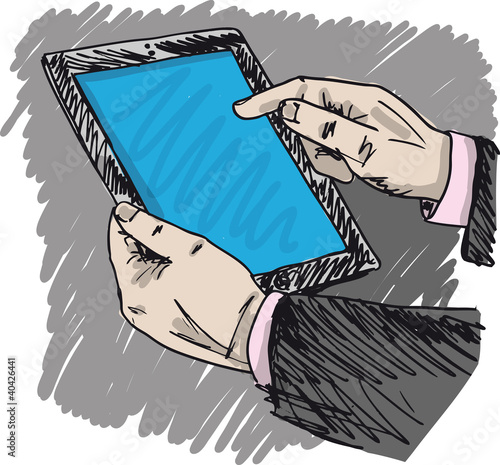 Sketch of Businessman hands are pointing on touch screen device.