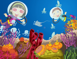 Handdoek met foto Onderwaterwereld Duikende kinderen in blauwe zee  © GraphicsRF