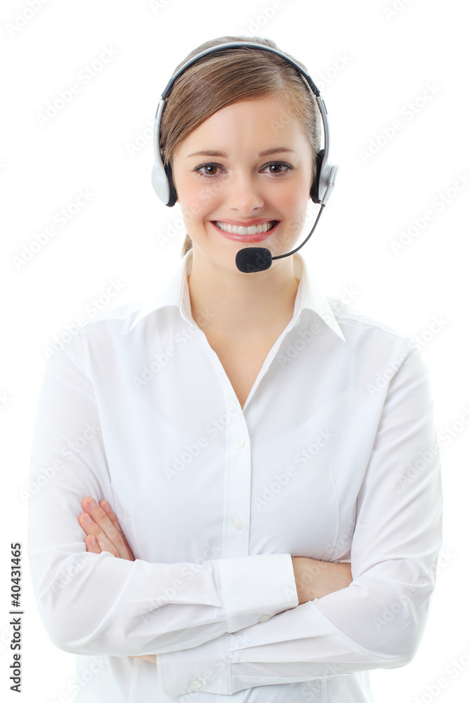 Support phone operator in headset, isolated on white Support phone operator in headset, isolated on white