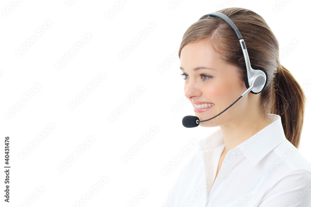 Support phone operator in headset, isolated on white Support phone operator in headset, isolated on white