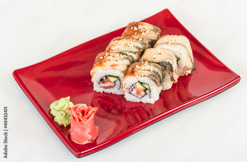 Japanese traditional Cuisine - Maki Roll with Cucumber , Cream C Japanese traditional Cuisine - Maki Roll with Cucumber , Cream C