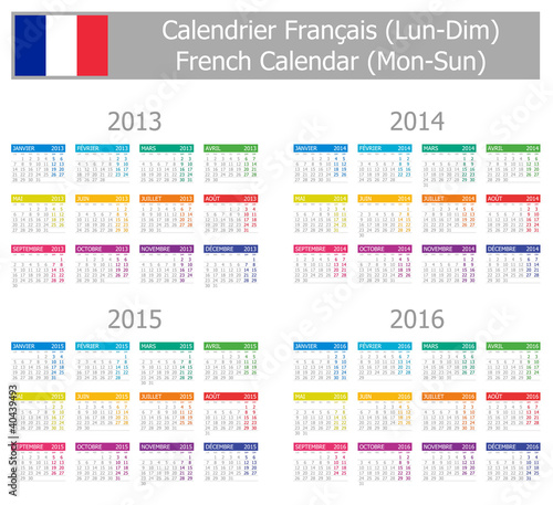 2013-2016 Type-1 French Calendar Mon-Sun on white background