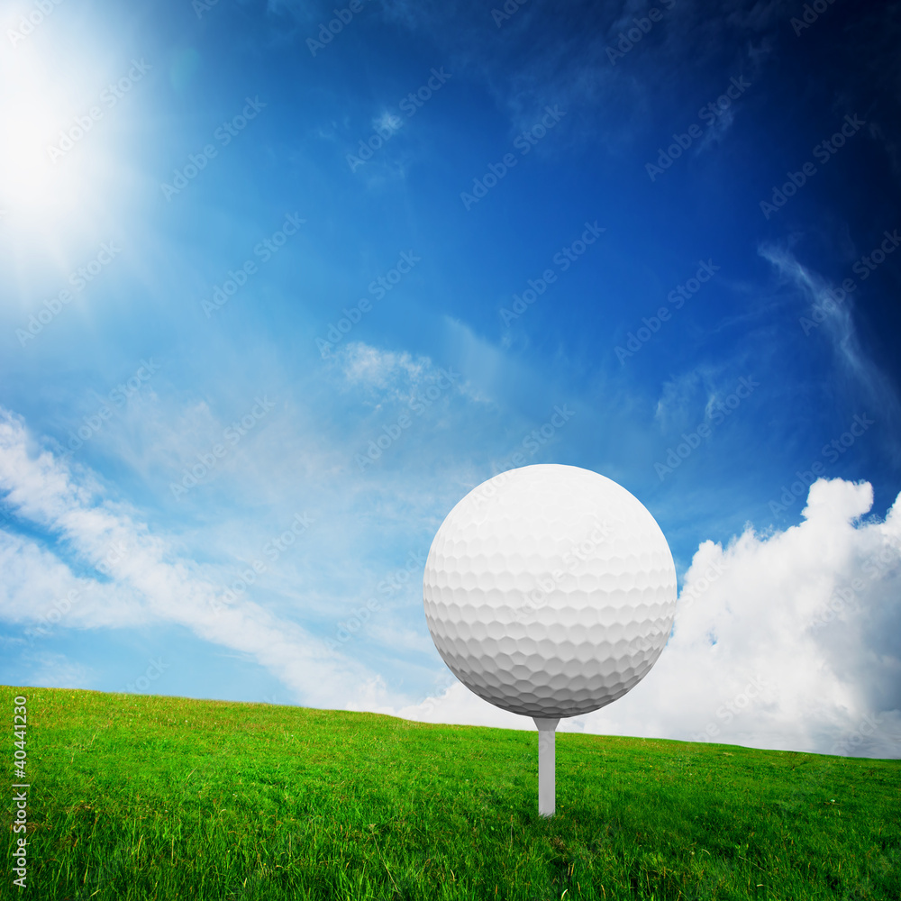 Playing golf. Ball on tee on green golf field Playing golf. Ball on tee on green golf field