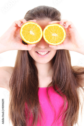 Happy girl with oranges instead her eyes
