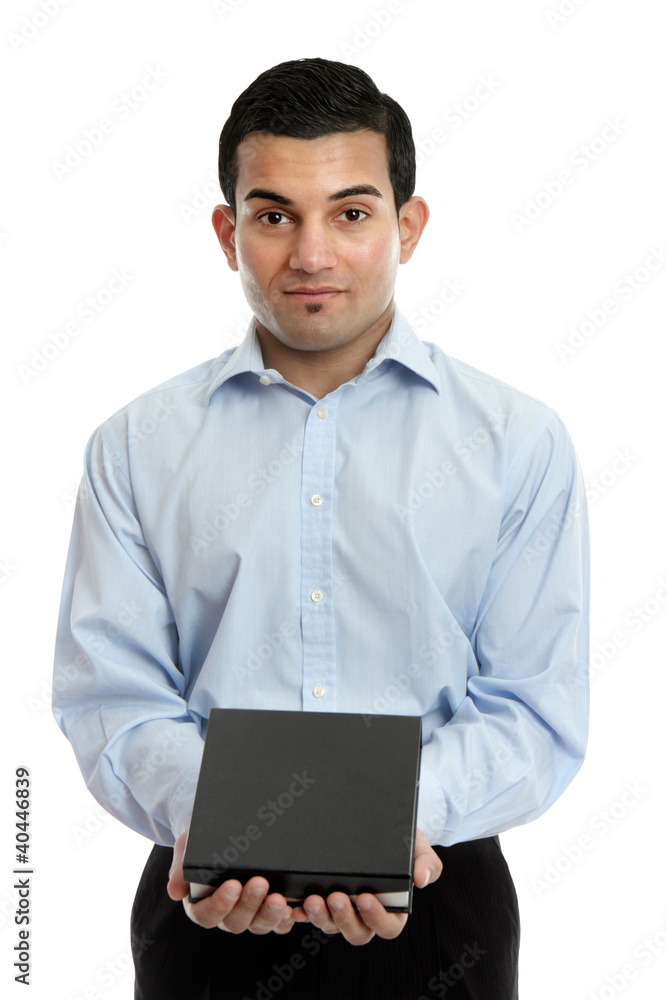 Salesman holding a product or other object Salesman holding a product or other object