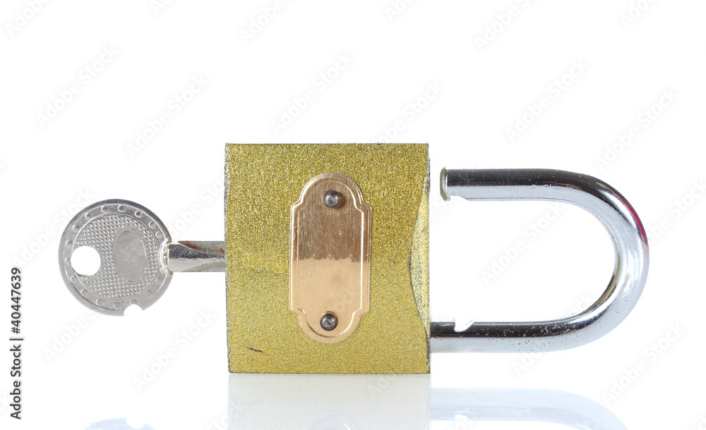 golden padlock with key isolated on white golden padlock with key isolated on white