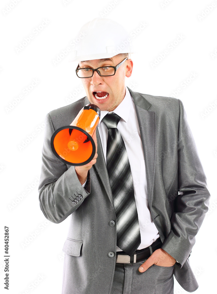 Business man yelling through a megaphone on white background Business man yelling through a megaphone on white background