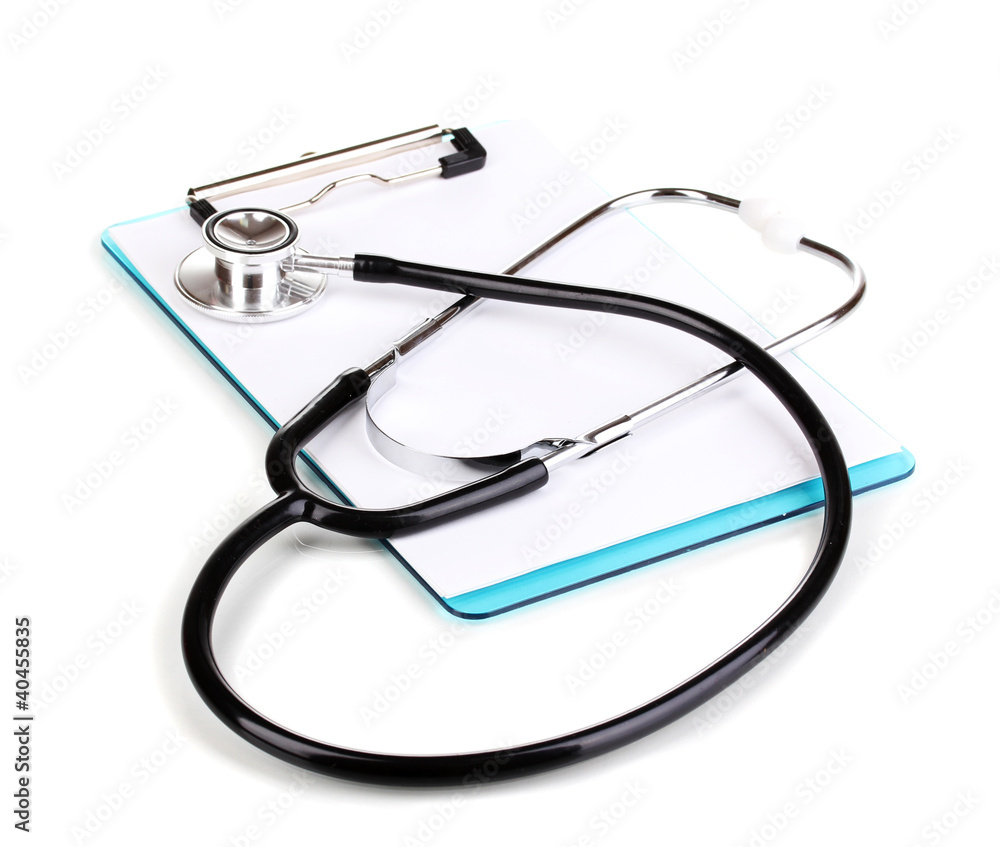 Stethoscope and blank clipboard isolated on white Stethoscope and blank clipboard isolated on white