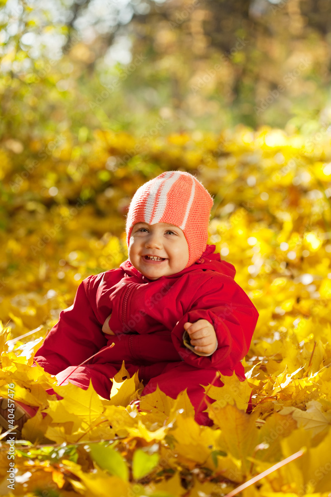 Happy toddler sitting on maple leaves