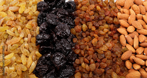 Mixed nuts and dried fruits. Almonds, raisins and prunes.