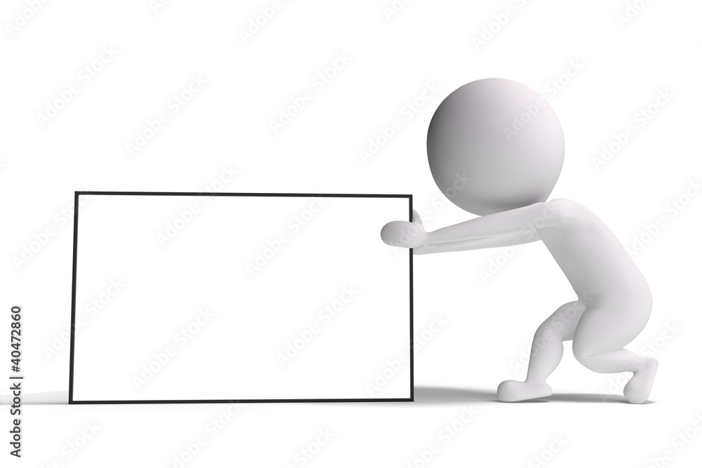 3d human pulls an advertising billboard on white background 3d human pulls an advertising billboard on white background