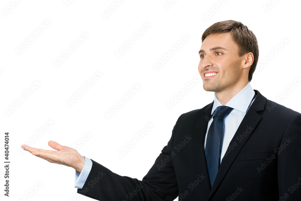 Business man showing, isolated Business man showing, isolated
