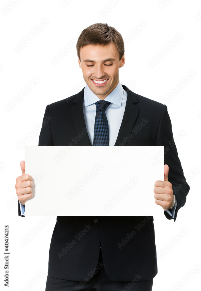 Businessman showing blank signboard, isolated Businessman showing blank signboard, isolated