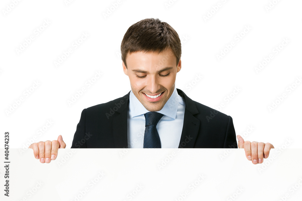 Businessman showing blank signboard, isolated Businessman showing blank signboard, isolated