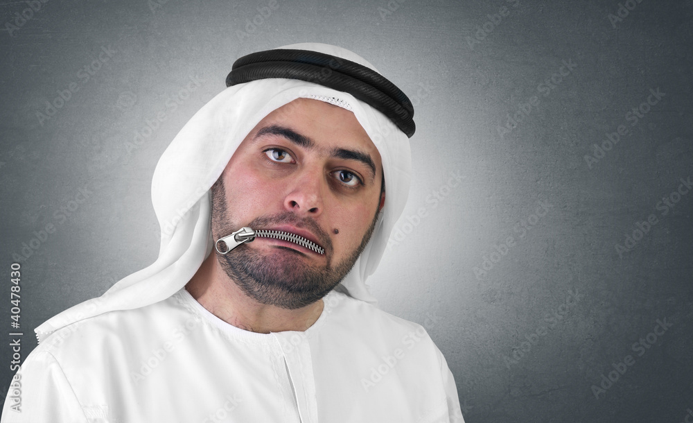 arabian man with zipped mouth concept arabian man with zipped mouth concept
