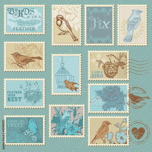 Retro Bird Postage Stamps - for design, invitation, congratulati