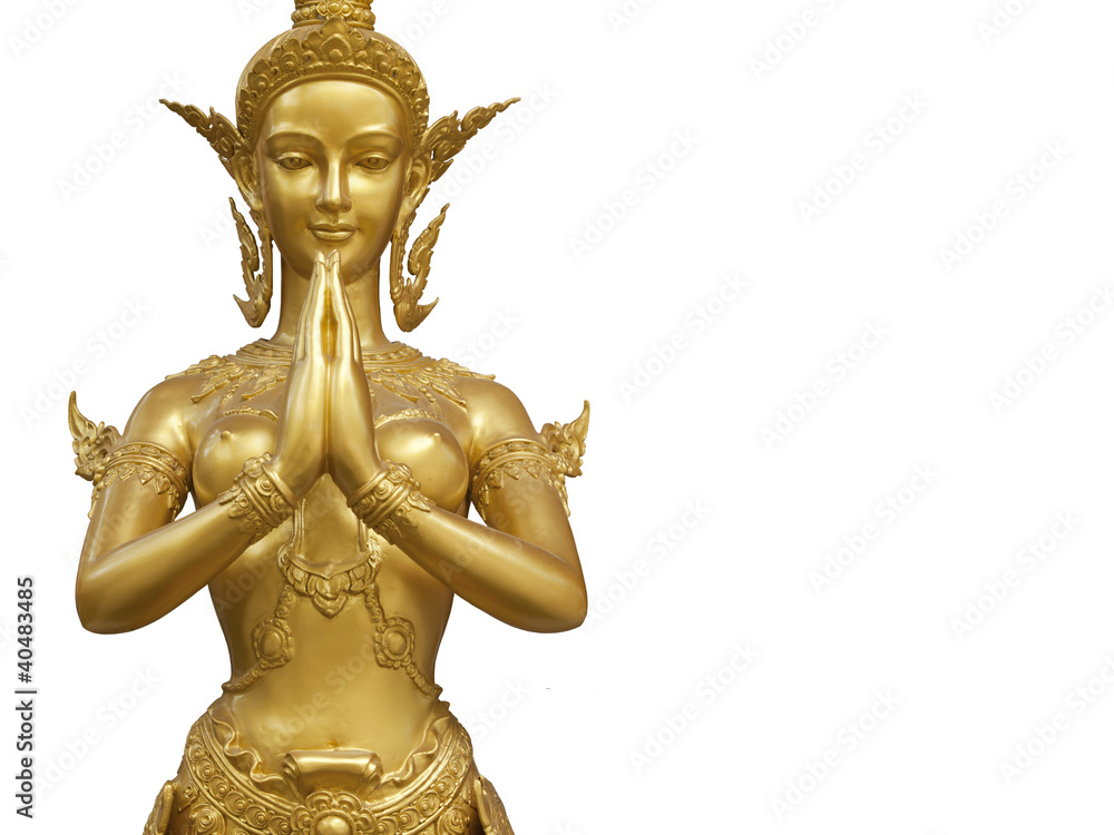 A Golden Kinnari statue demonstrating Sawaddee action A Golden Kinnari statue demonstrating Sawaddee action