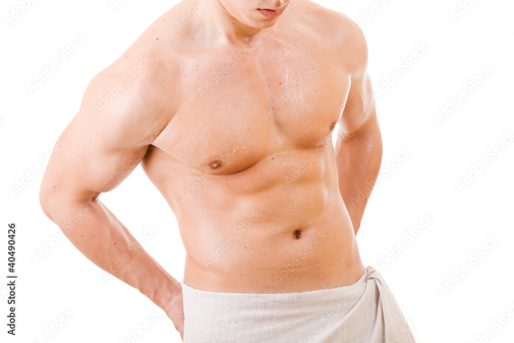 athletic young man in towel, isolated on white