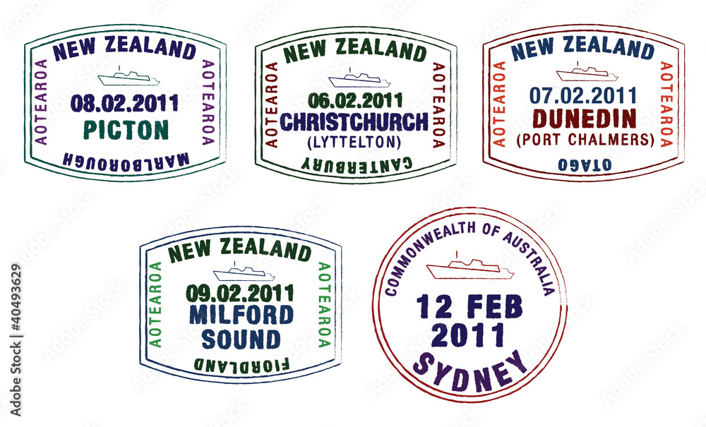 Obraz premium Vector stylised passport stamps from Australia and New Zealand.
