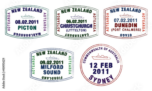 Vector stylised passport stamps from Australia and New Zealand.