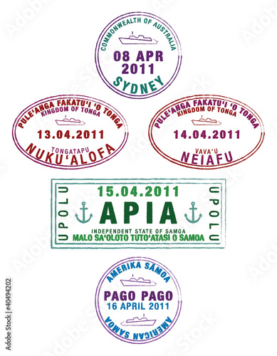 Sydney, Tongan and Samoan passport stamps.