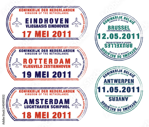 Passport stamps of Belgium and the Netherlands. photo