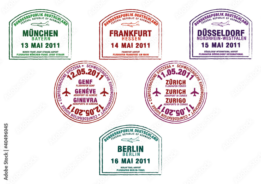 Passport stamps from Germany and Switzerland.