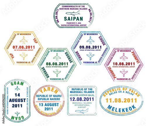 Stylized passport stamps from the north Pacific.