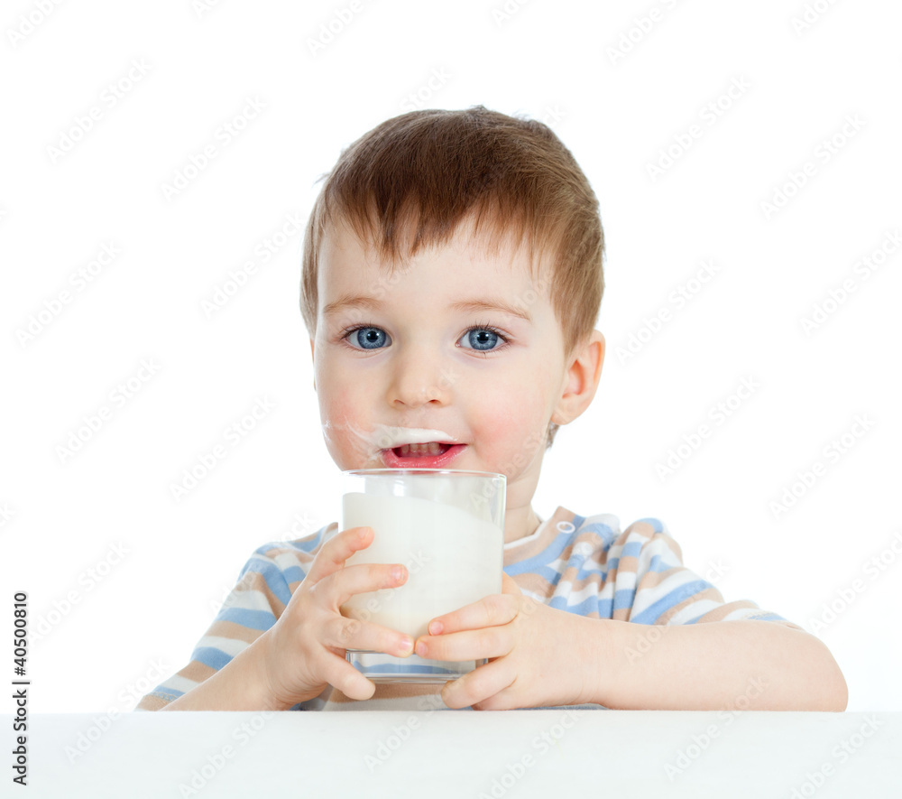 little child drinking yogurt or kefir over white little child drinking yogurt or kefir over white
