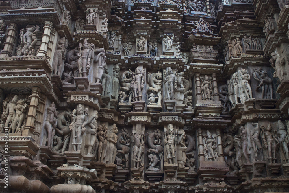Detail of carving on a temple in Khajuraho, India.