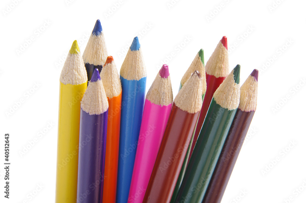 Close up of color pencils over white background Close up of color pencils over white background